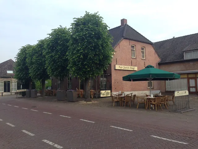 Het terras met parasol in de zomer, de linden in volle blad
